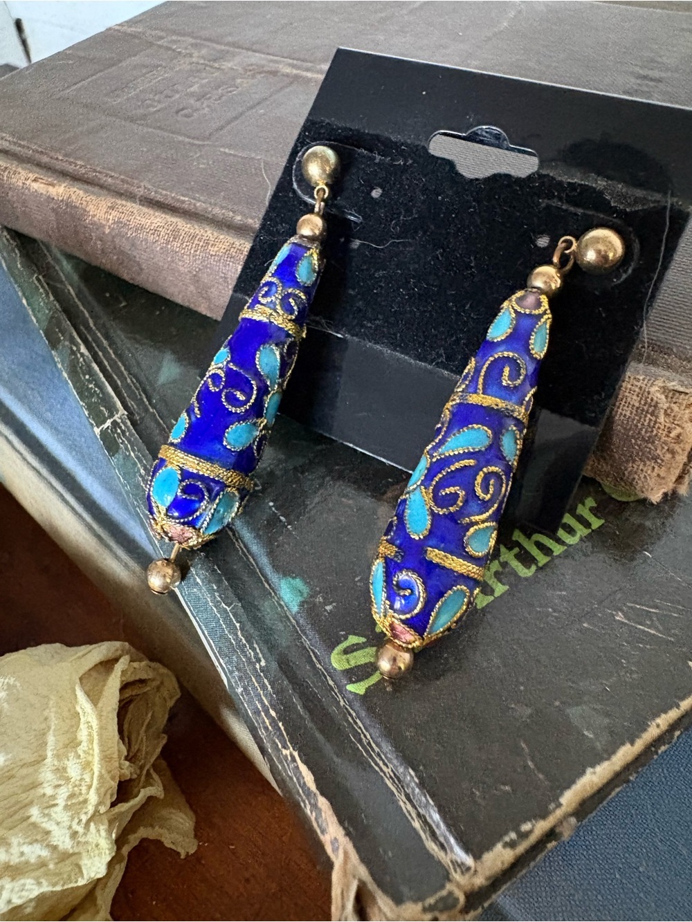 Blue Cloisonné Teardrop Dangle Earrings - Gold Accents